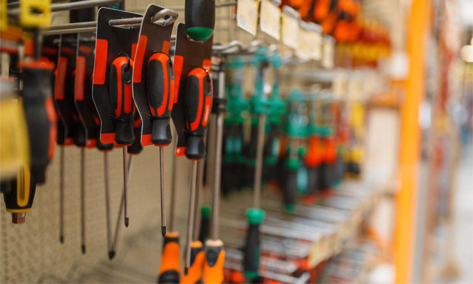 Hardware store assortment, shelf with screwdrivers