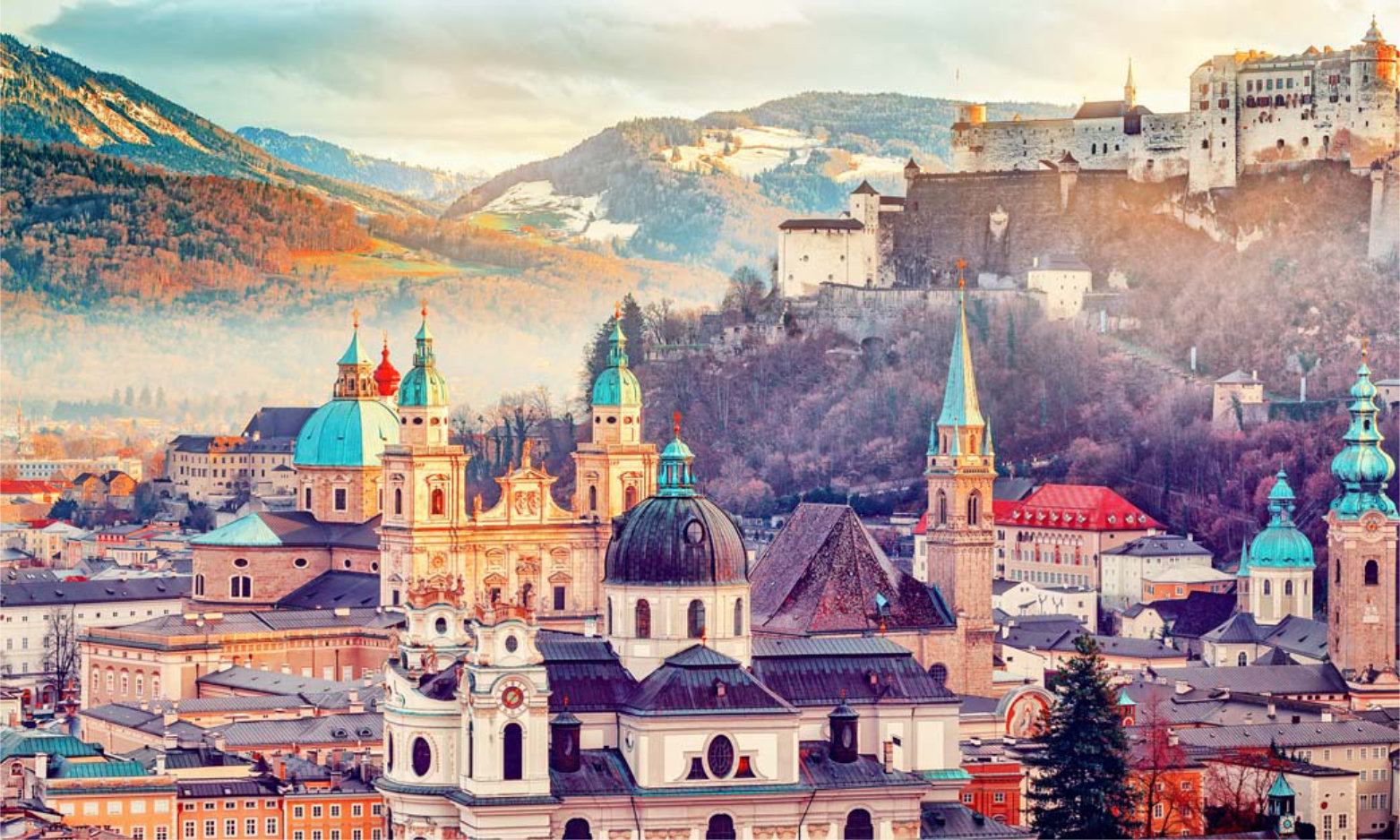 Salzburg, Austria, Europe. City in Alps of Mozart birth.  Panora